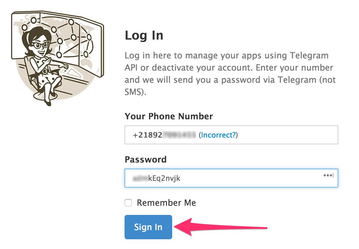 your telegram number and password