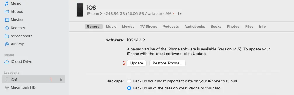 تحديث iPhone باستخدام برنامج macOS